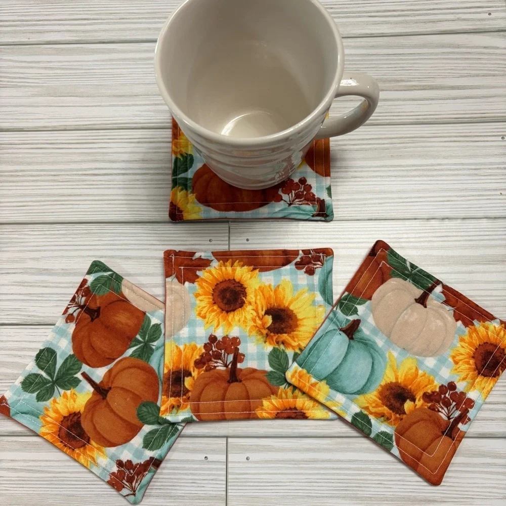 Handmade Fall Pumpkin Gingham Reusable Washable Fabric Coasters